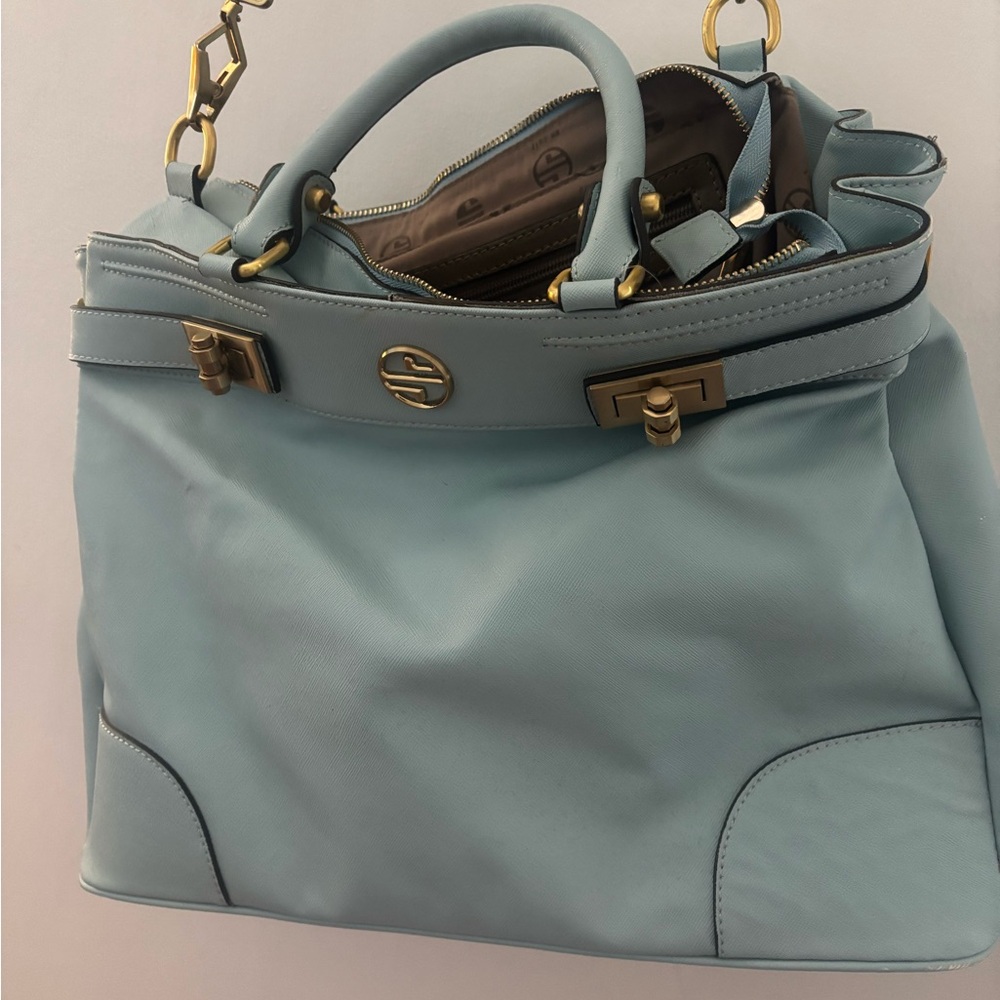 Chic Light Blue Satchel with Gold Hardware